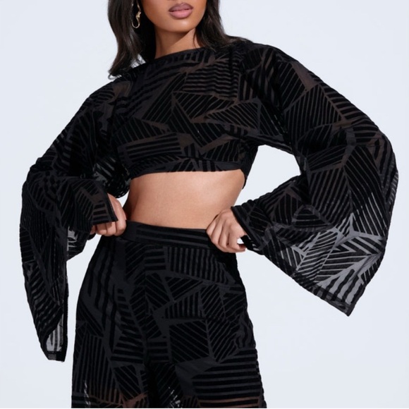 AKIRA Georgous Black Sheer Velvet Burnout Patterned Pant and Crop Top Set - Picture 5 of 7